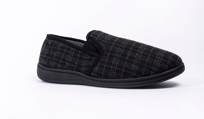 Artie Black Woven Twill Check Twin Gusset Men Slipper