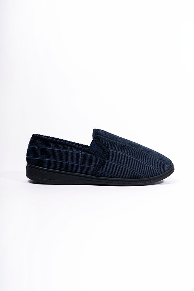 Theo Navy Printed Cord Aline Gusset Woven Check Insock Men Slipper