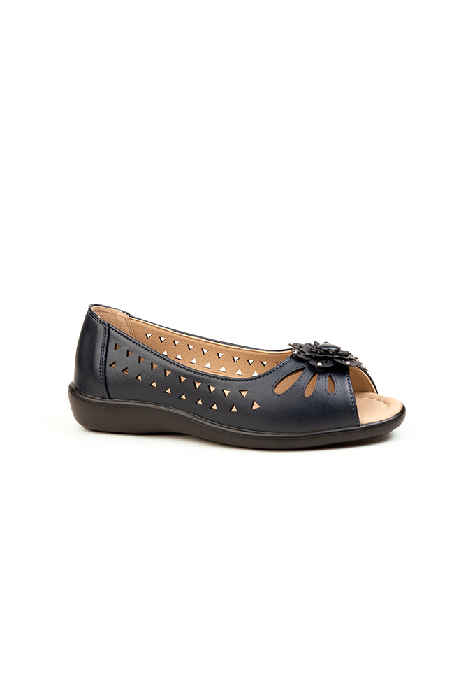 Vivienne Ladies Dr. Lightfoot Peep Toe Flower Casuals Navy Wholesale