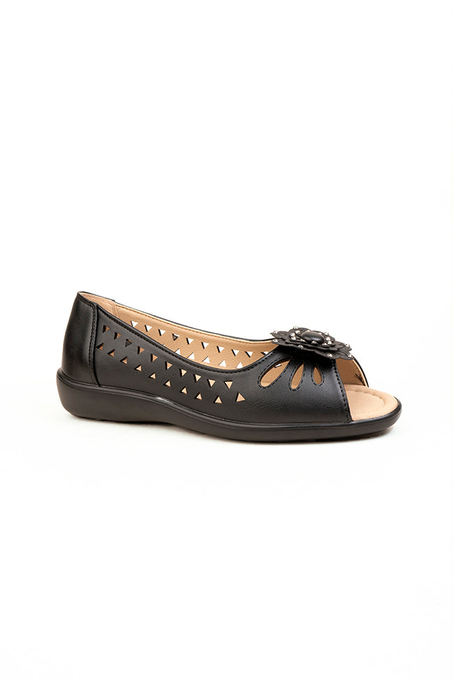 Vivienne Ladies Dr. Lightfoot Peep Toe Flower Casuals Black Wholesale
