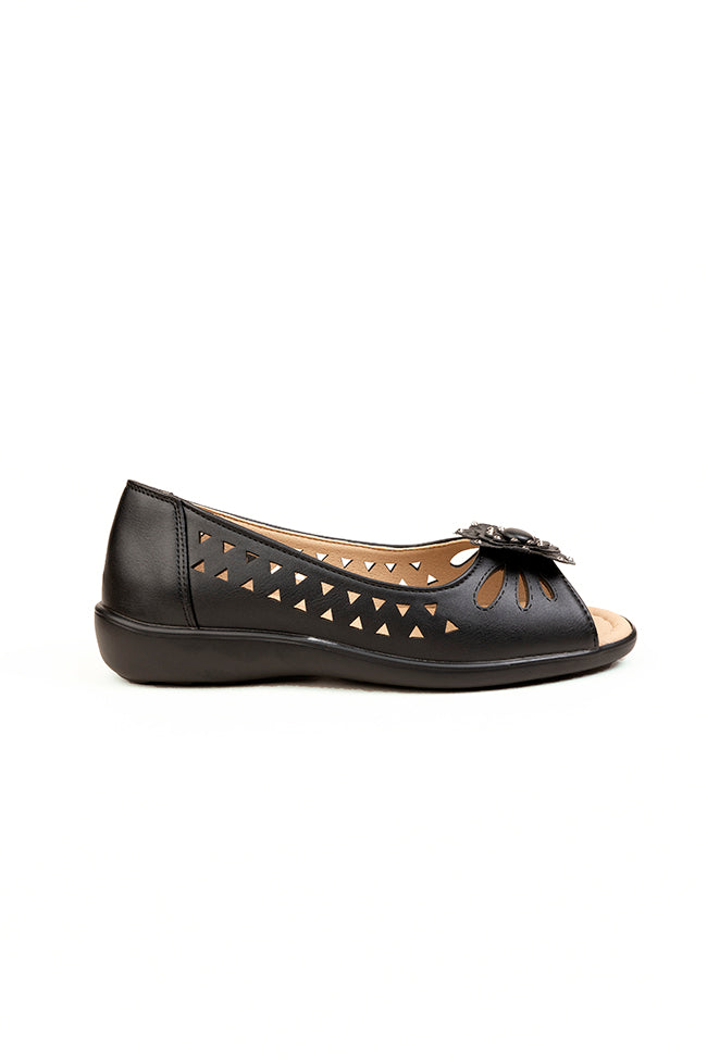Vivienne Ladies Dr. Lightfoot Peep Toe Flower Casuals Black Wholesale
