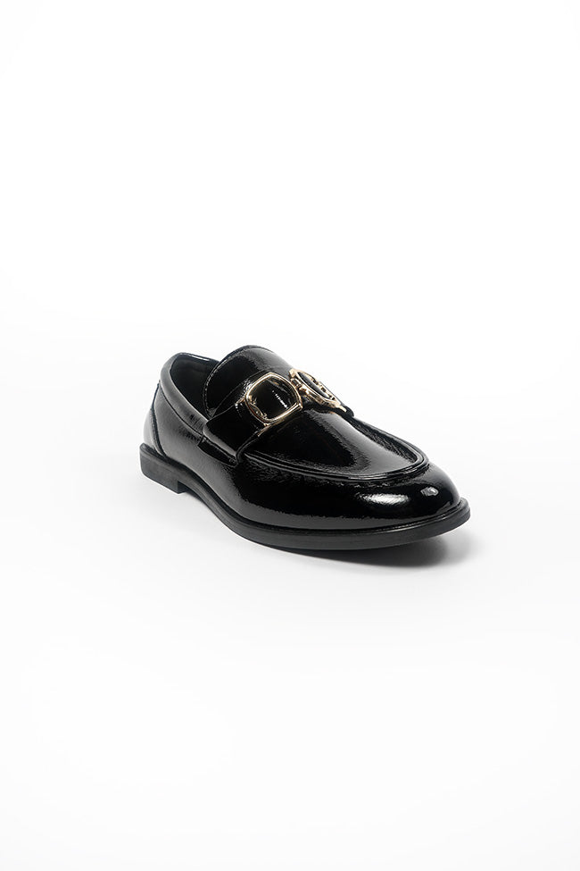 Angelica Ladies Gold Trim Black Patent Loafer