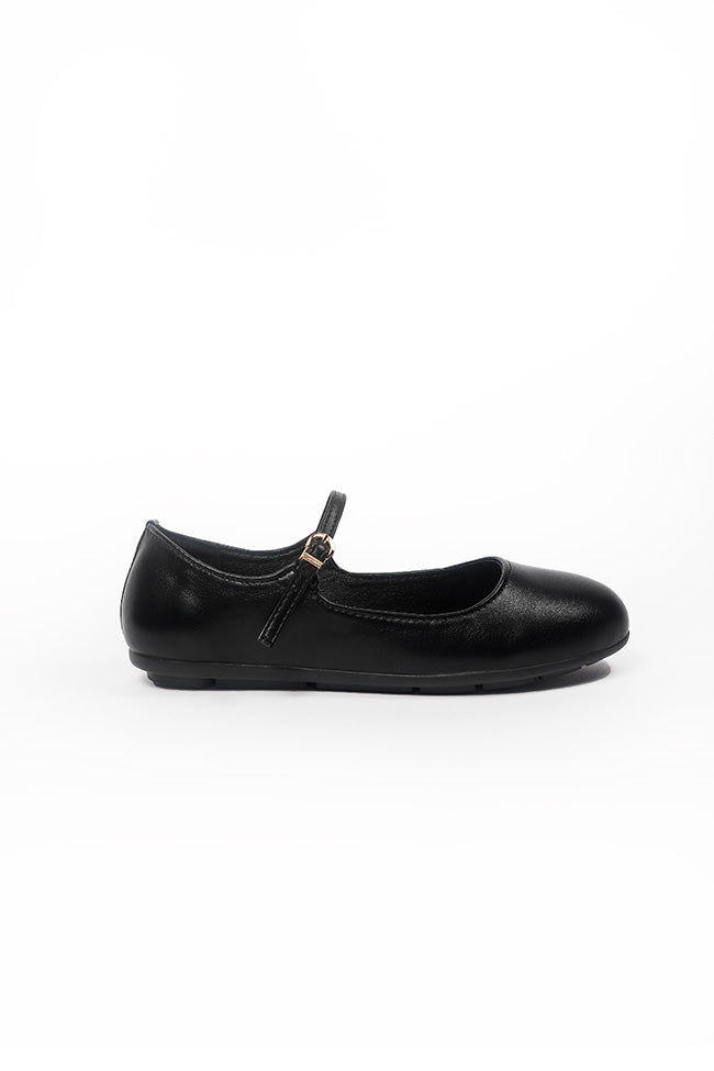 Megan Ladies Slip On Ballerina with Strap and Buckle Casual Black PU