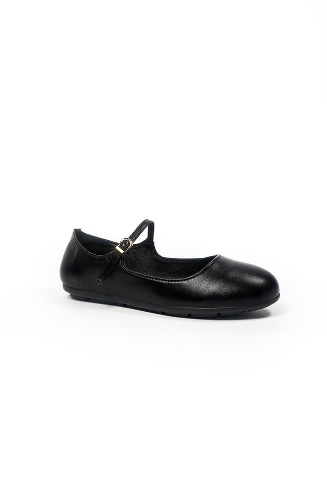 Megan Ladies Slip On Ballerina with Strap and Buckle Casual Black PU