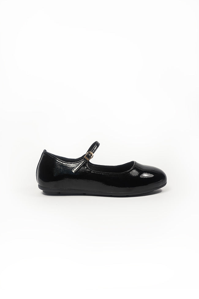 Megan Ladies Slip On Ballerina with Strap and Buckle Casual Black Patent