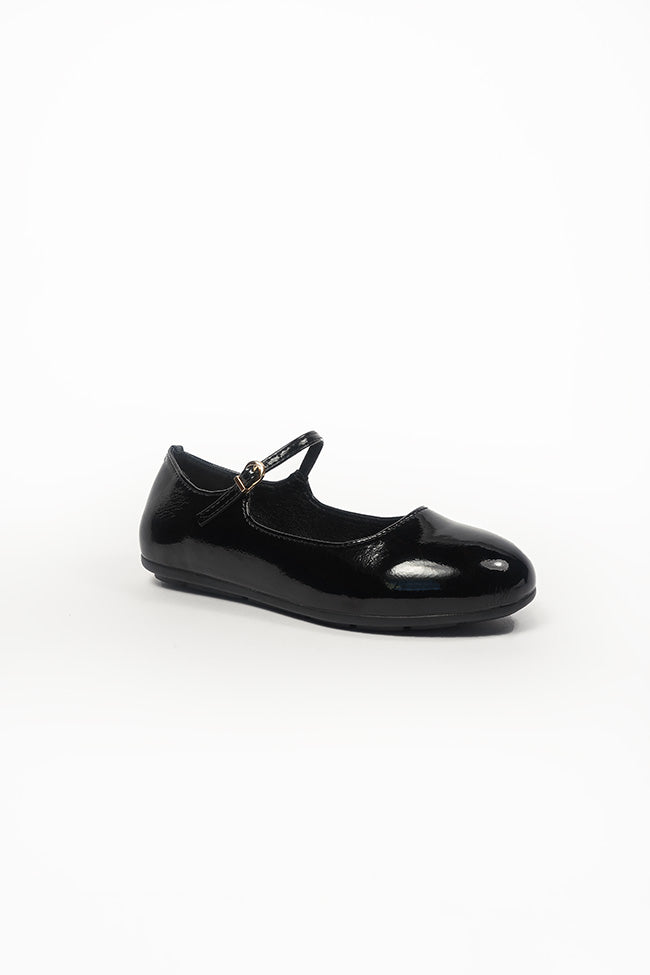 Megan Ladies Slip On Ballerina with Strap and Buckle Casual Black Patent