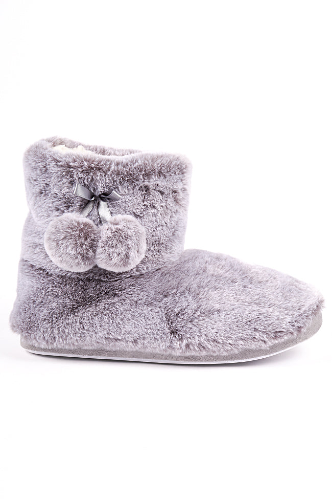 Lily Grey Fur Poms Fur Low Cut Bootee Slipper