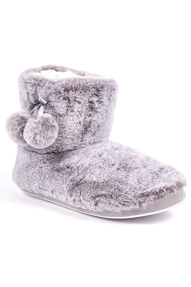 Lily Grey Fur Poms Fur Low Cut Bootee Slipper