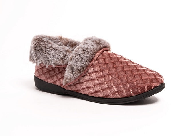 Sinead Pink Velour Faux Fur Cuff Slipper