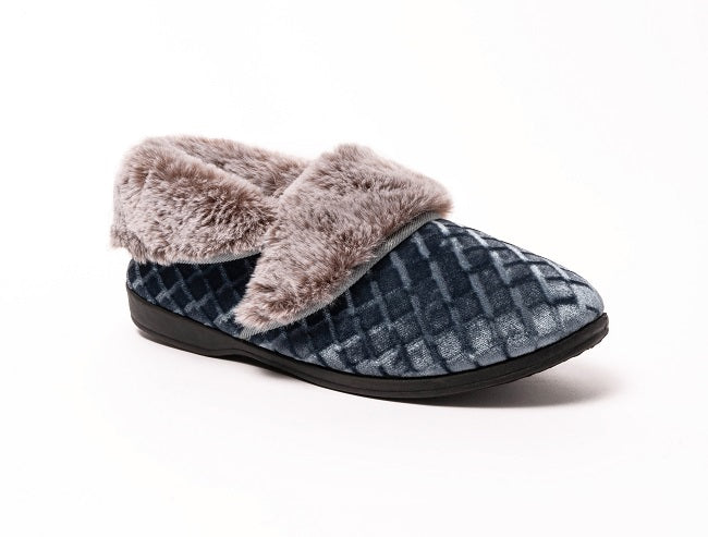 Sinead Ocean Blue Velour Faux Fur Cuff Slipper