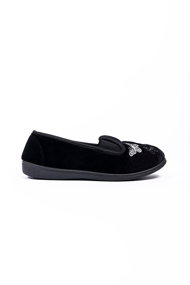 Priscilla Black Velour Twin Gusset Butterfly Ladies Slipper