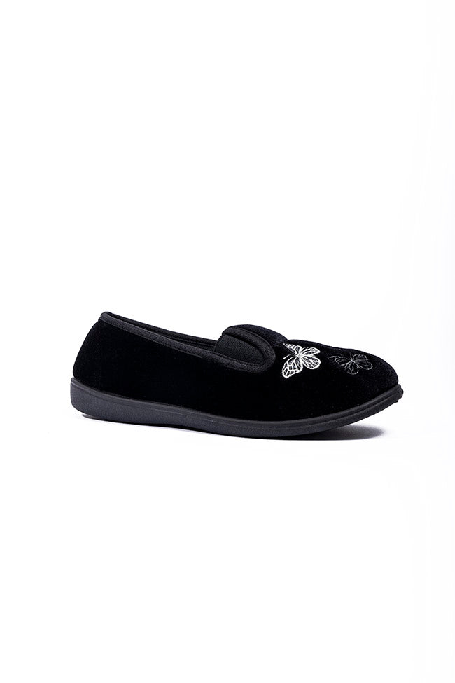 Priscilla Black Velour Twin Gusset Butterfly Ladies Slipper