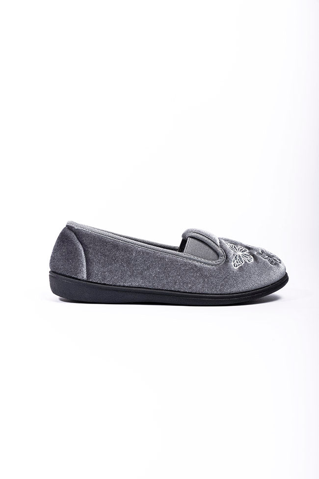 Priscilla Grey Velour Twin Gusset Butterfly Ladies Slipper