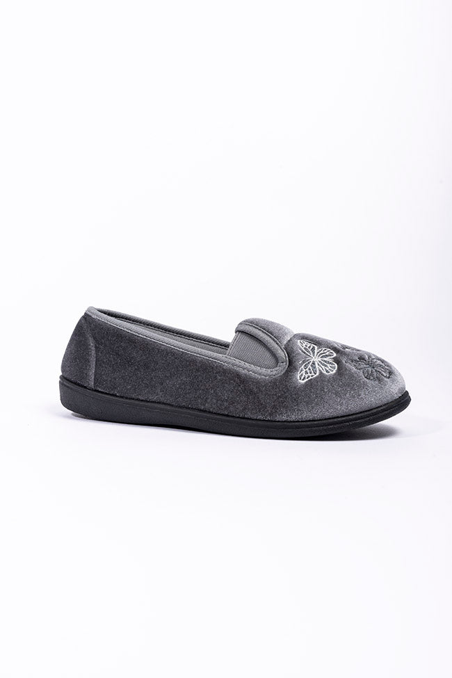 Priscilla Grey Velour Twin Gusset Butterfly Ladies Slipper