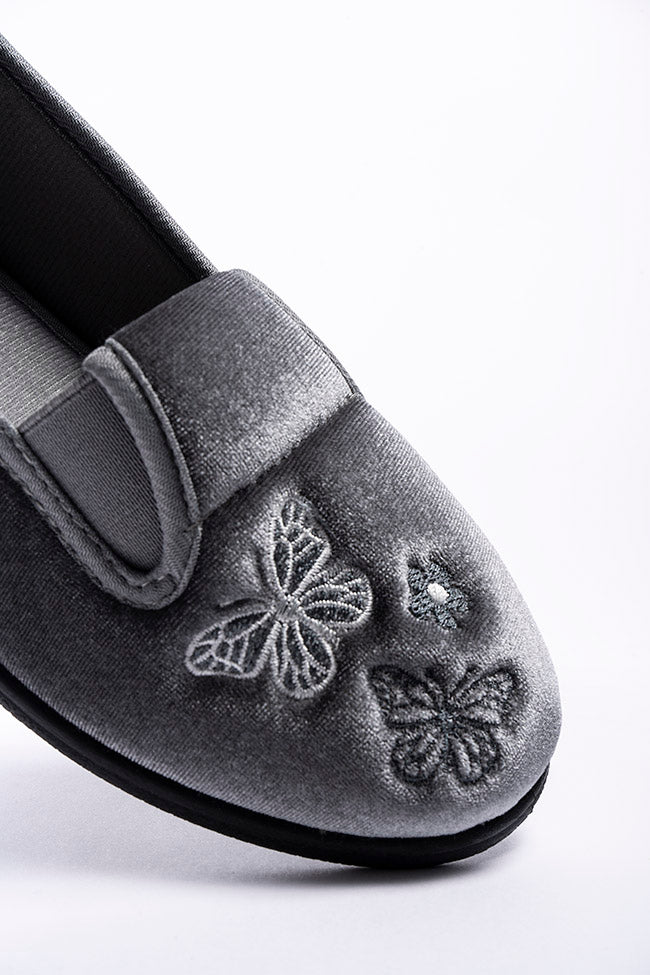 Priscilla Grey Velour Twin Gusset Butterfly Ladies Slipper