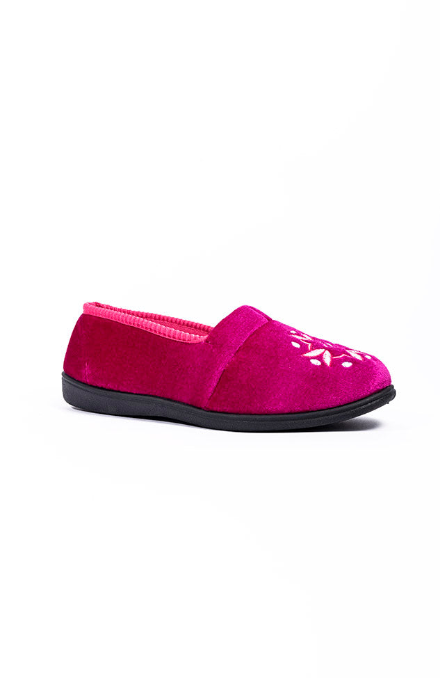 Anya Raspberry Velour Rollfront Flower Head Ladies Slipper