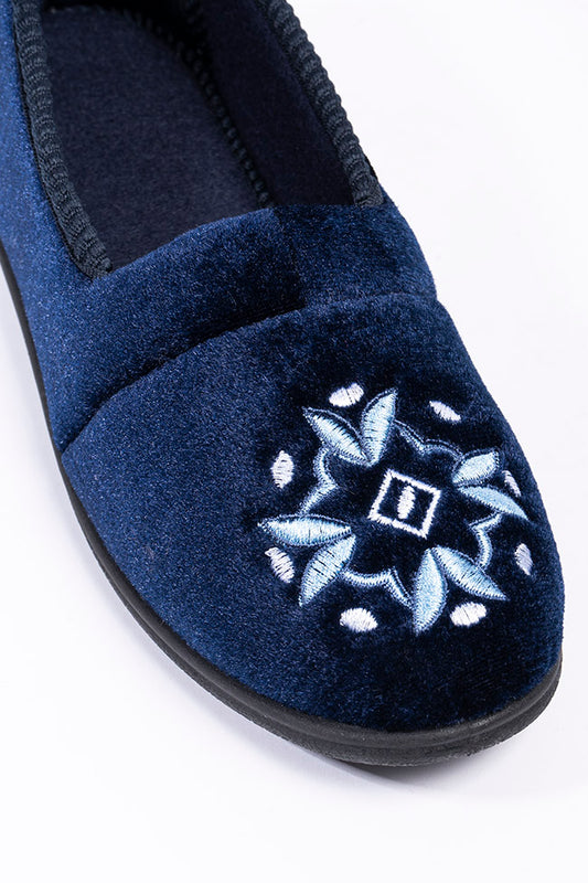 Anya Navy Velour Rollfront Flower Head Ladies Slipper