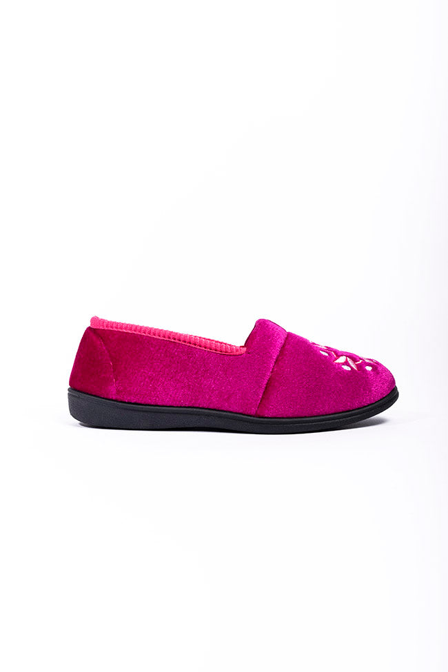 Anya Raspberry Velour Rollfront Flower Head Ladies Slipper