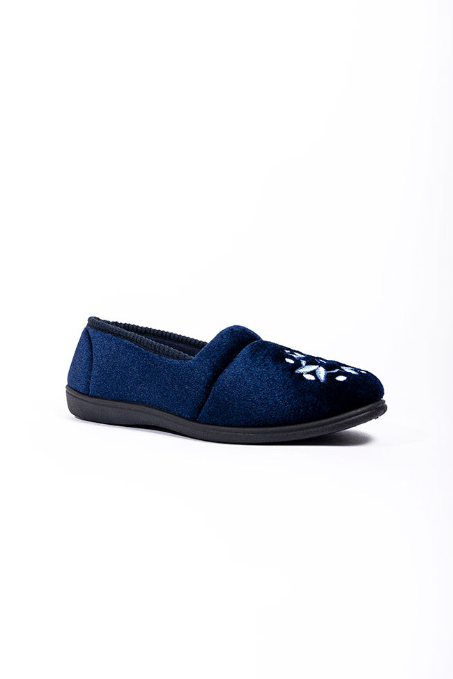 Anya Navy Velour Rollfront Flower Head Ladies Slipper