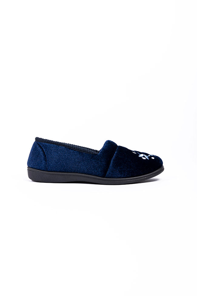Anya Navy Velour Rollfront Flower Head Ladies Slipper