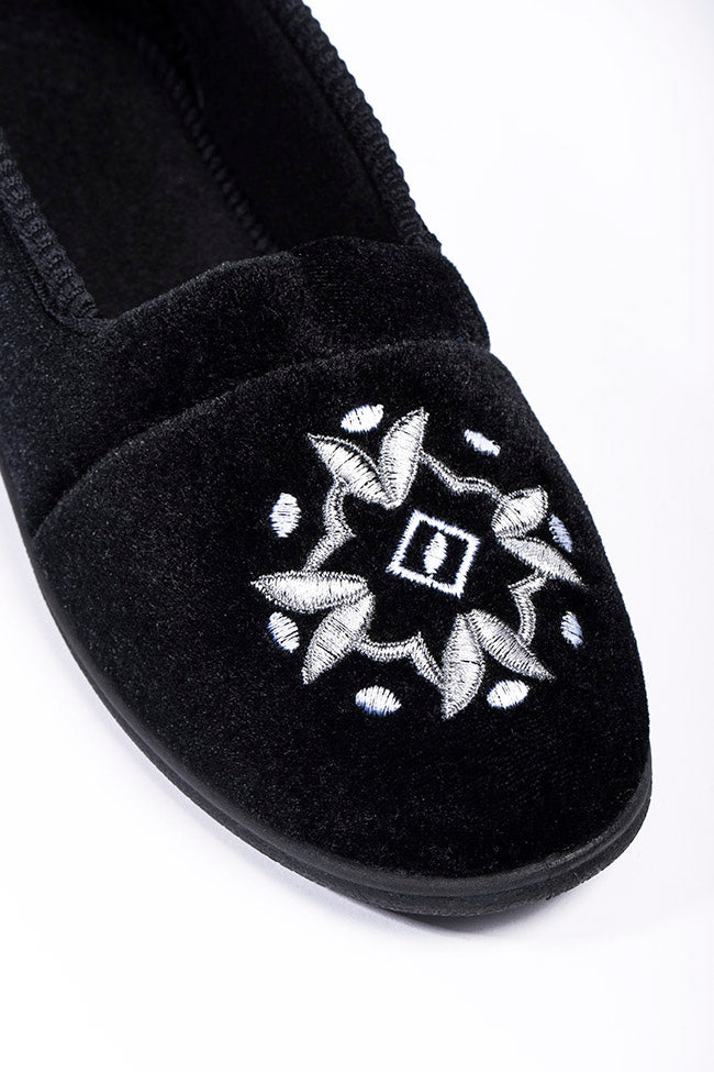 Anya Black Velour Rollfront Flower Head Ladies Slipper