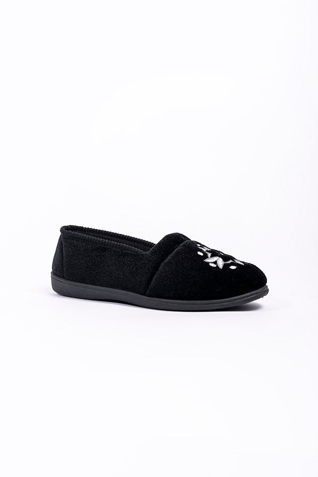 Anya Black Velour Rollfront Flower Head Ladies Slipper