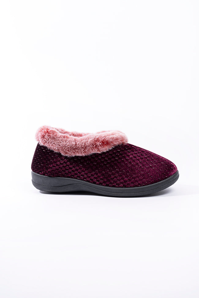 Freya Plum Velour Emboss Print Fur Collar Slipper