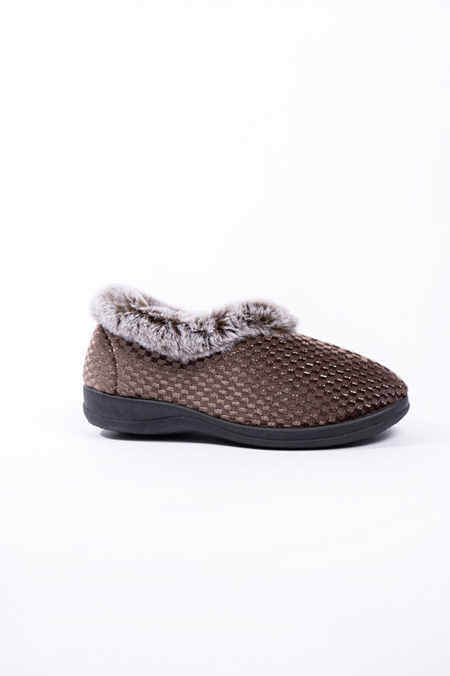 Freya Mocha Velour Emboss Print Fur Collar Slipper