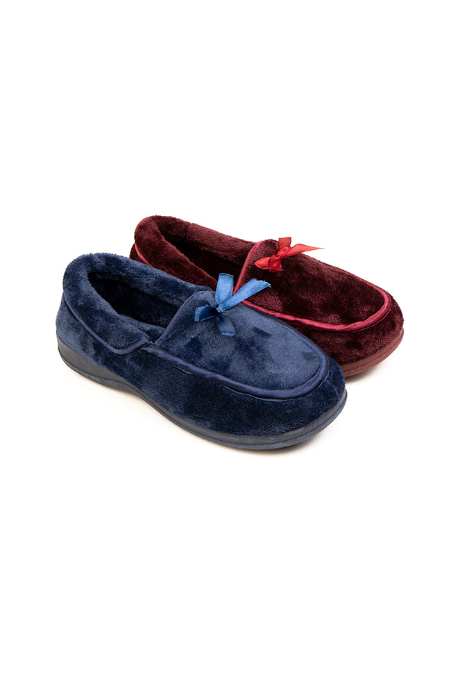 Veronica Dr. Lightfoot Velour Bow Bucket Slipper Navy & Burgundy