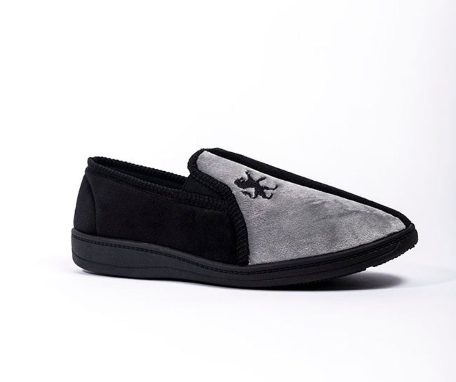 Anthony Navy Velour Mid Grey Lion Embroidered Men Slipper