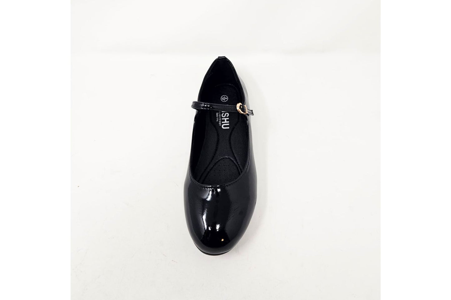 Megan Ladies Slip On Ballerina with Strap and Buckle Casual Black Patent