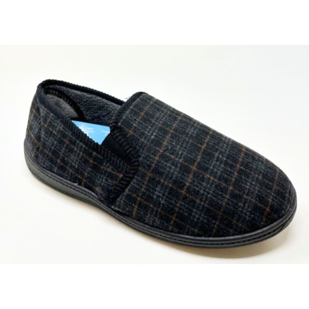 Artie Black Woven Twill Check Twin Gusset Men Slipper