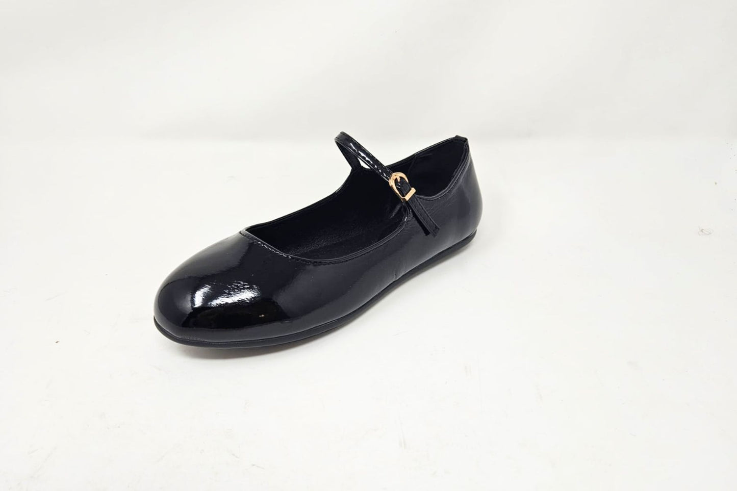 Megan Ladies Slip On Ballerina with Strap and Buckle Casual Black Patent
