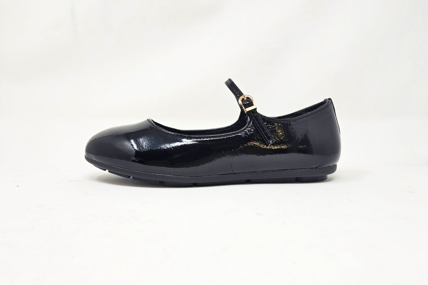 Megan Ladies Slip On Ballerina with Strap and Buckle Casual Black Patent