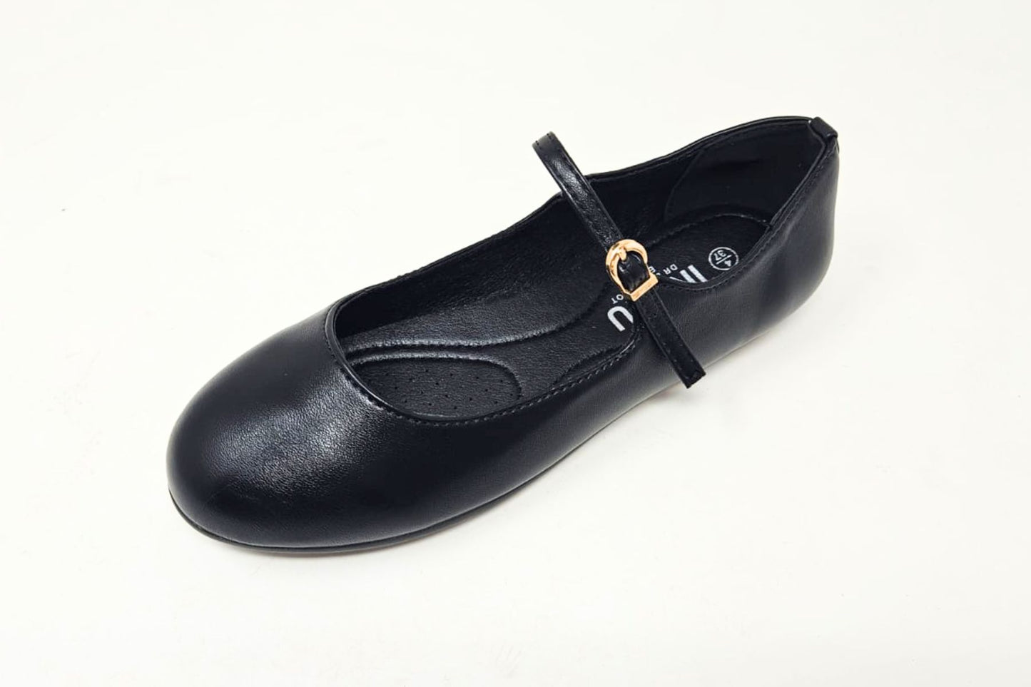 Megan Ladies Slip On Ballerina with Strap and Buckle Casual Black PU