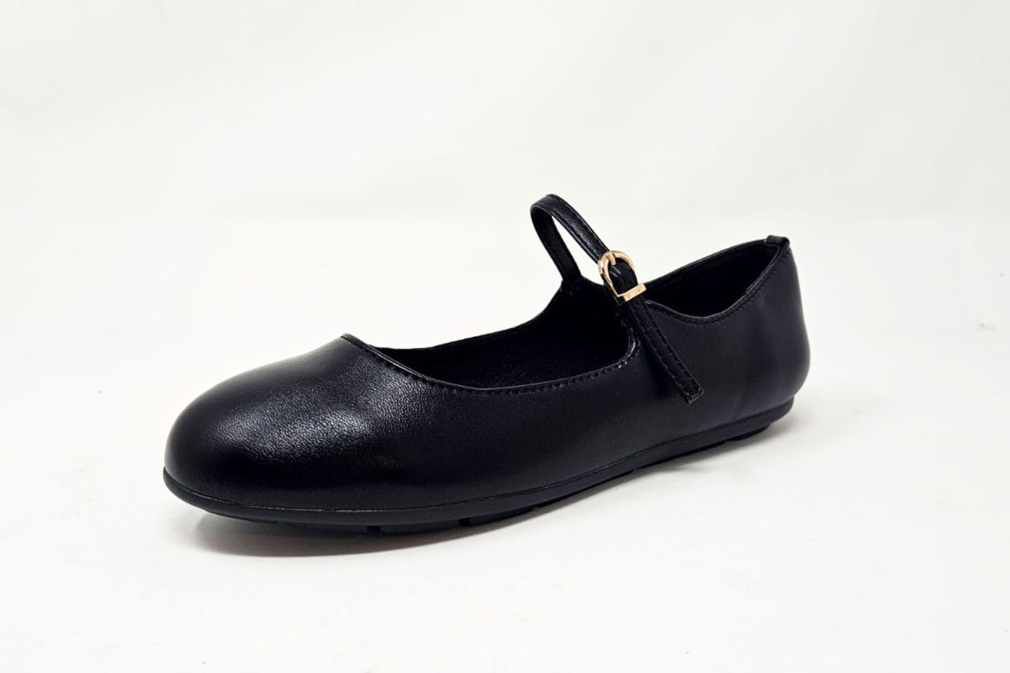 Megan Ladies Slip On Ballerina with Strap and Buckle Casual Black PU