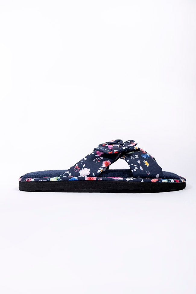 Scarlet Black and Navy Floral Mule Bow Slipper