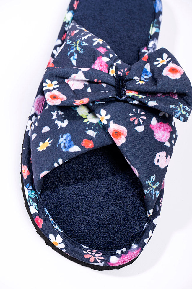 Scarlet Black and Navy Floral Mule Bow Slipper