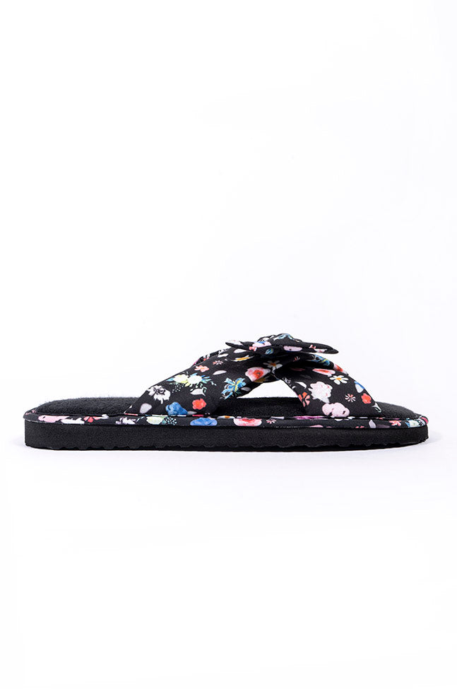 Scarlet Black and Navy Floral Mule Bow Slipper