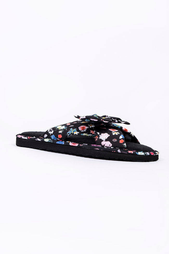 Scarlet Black and Navy Floral Mule Bow Slipper