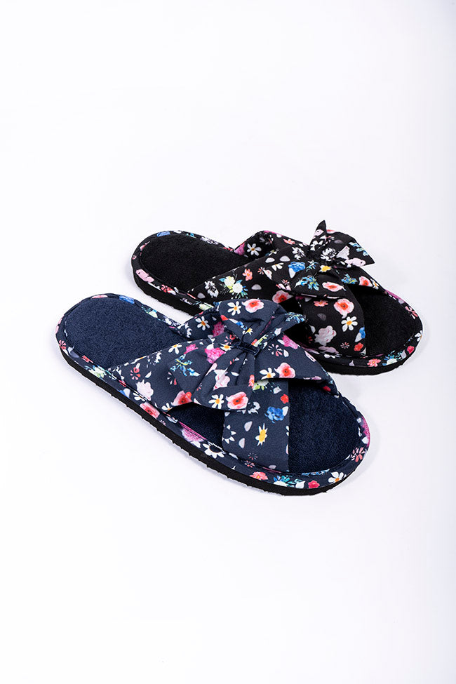Scarlet Black and Navy Floral Mule Bow Slipper
