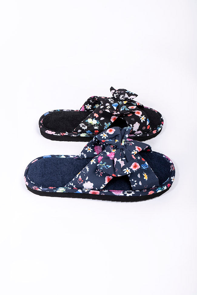 Scarlet Black and Navy Floral Mule Bow Slipper