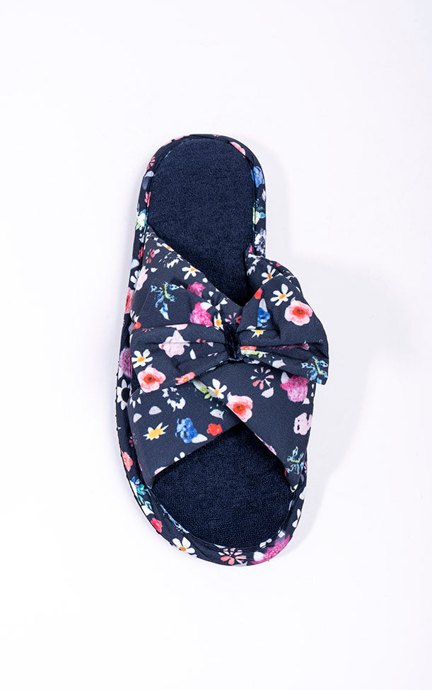 Scarlet Black and Navy Floral Mule Bow Slipper