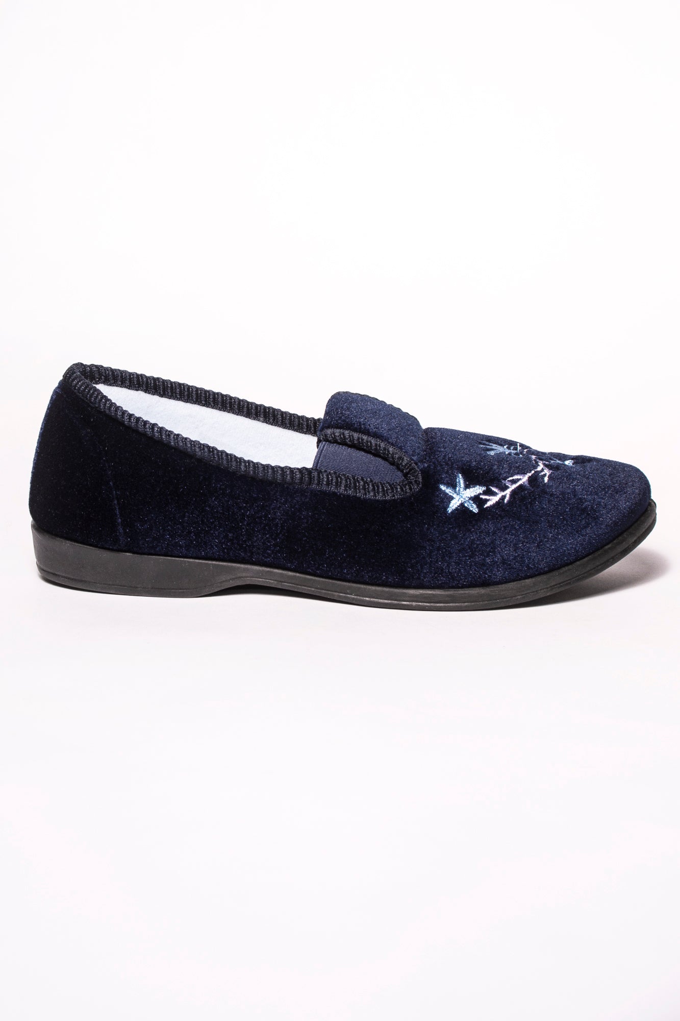 MIRANDA DR LIGHTFOOT NAVY EMBROIDERED TWIN GUSSET SLIPPER