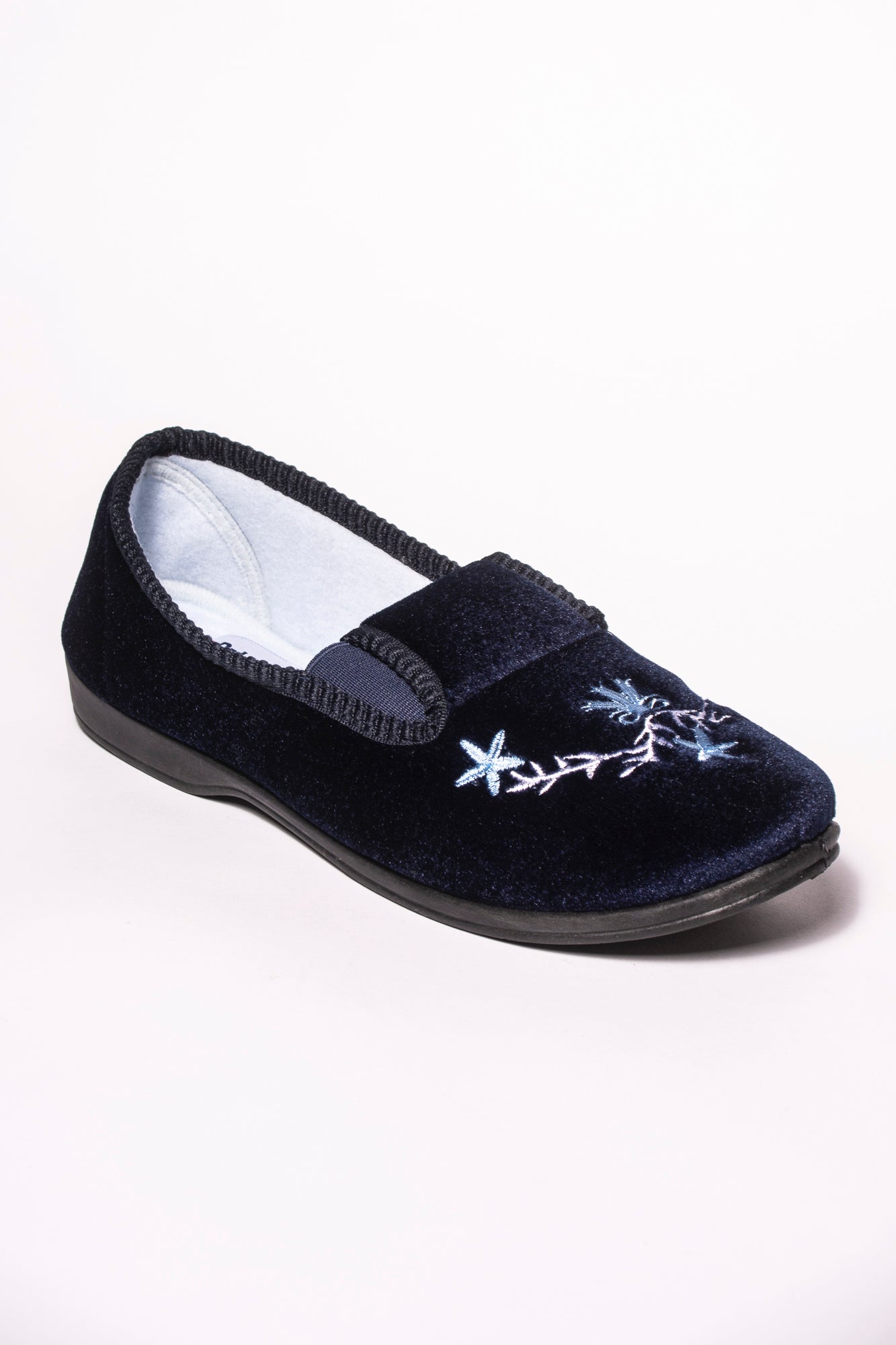 MIRANDA DR LIGHTFOOT NAVY EMBROIDERED TWIN GUSSET SLIPPER