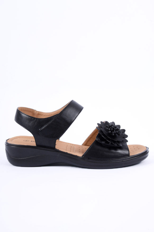 Kim Black Flower Touch Fasten Comfort Sandal