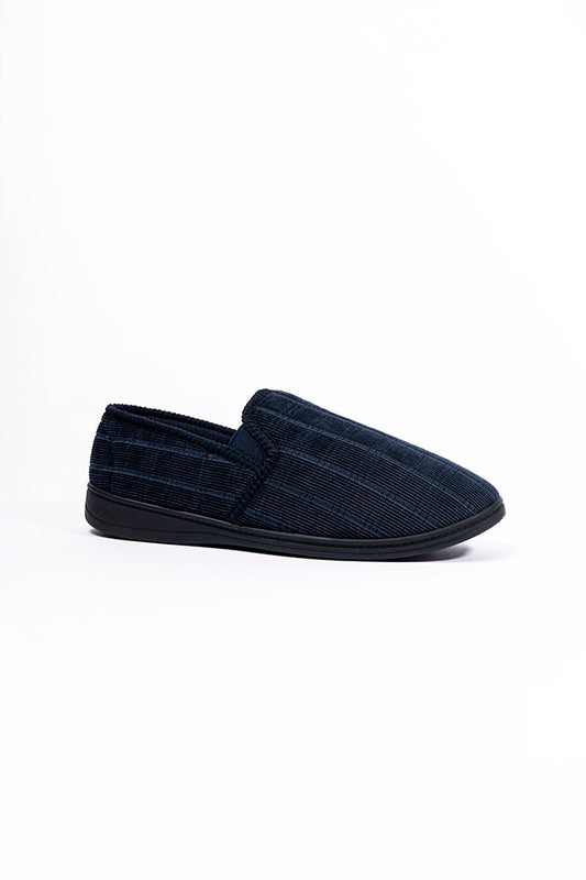 Theo Navy Printed Cord Aline Gusset Woven Check Insock Men Slipper