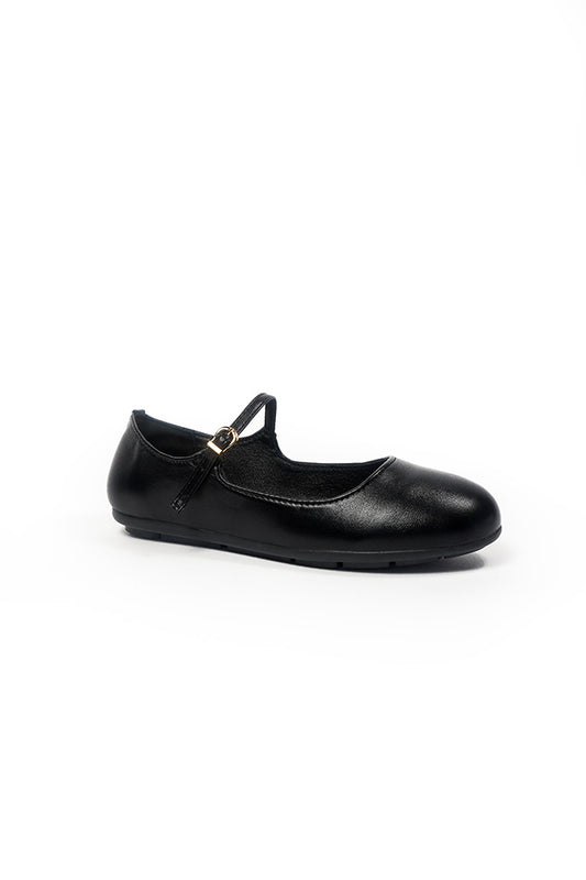 Megan Ladies Slip On Ballerina with Strap and Buckle Casual Black PU