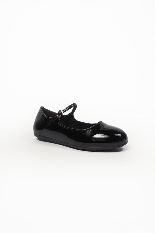 Megan Ladies Slip On Ballerina with Strap and Buckle Casual Black Patent