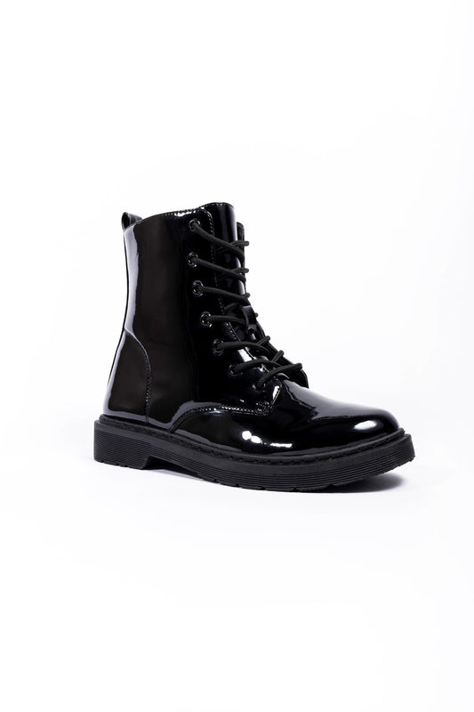 Lyanna Lace Up Black Pantent Boot